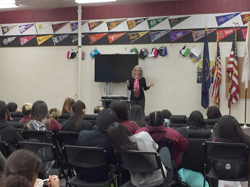 (Photo courtesy of the Ute Land Trust) Christine Sleeter speaks to students at Uintah River High School on Monday, Sept. 25, 2017.